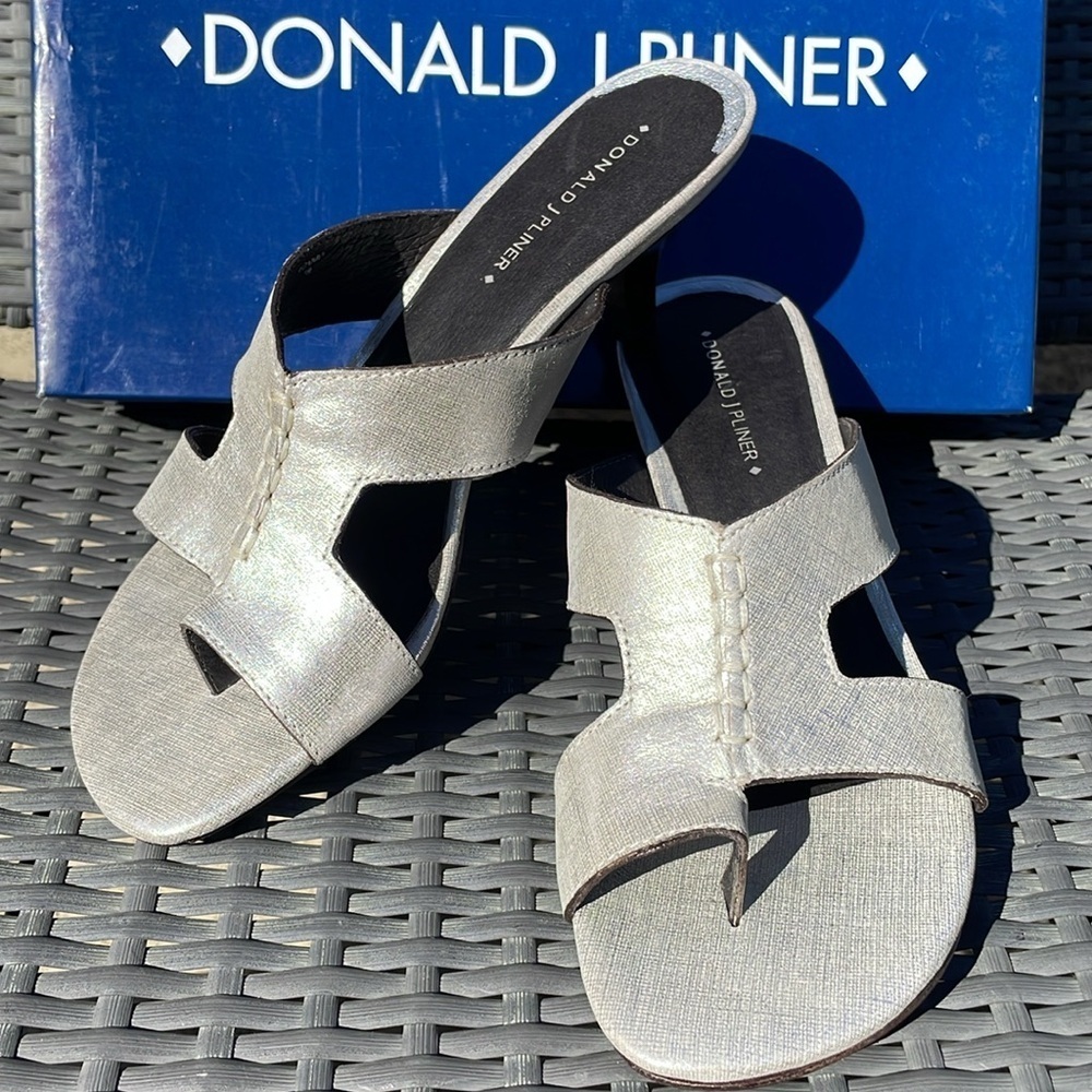 Donald J Pliner Vonna3 Distressed Metallic Silver Kitten Heel Slides